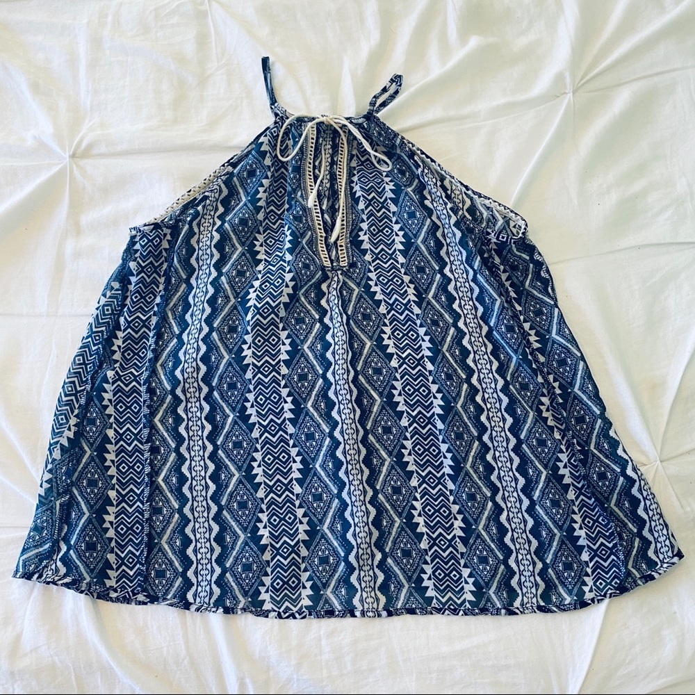 Blue Aztec Print Bow Neckline Flowy Tank
